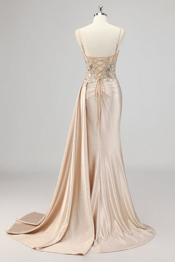 Champán Sirena Lentejuelas Serpentina Lateral Corsé Vestido de Fiesta con Abertura